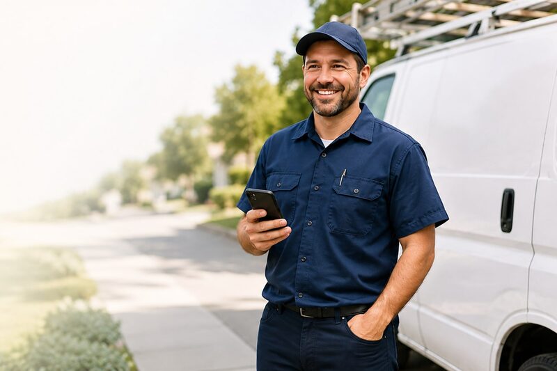 A smiling home-services technician beside his work van